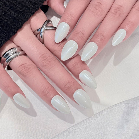 Almond Shape Short Length Light Gray & White Pearlescent Press On Nails | Reusable Elegant Minimalist False Nails