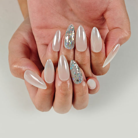 Almond Shape Medium Length White Press On Nails with Moonlit Base | Glitter Accent Reusable Elegant Minimalist False Nails