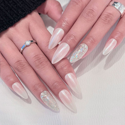 Almond Shape Medium Length White Press On Nails with Moonlit Base | Glitter Accent Reusable Elegant Minimalist False Nails