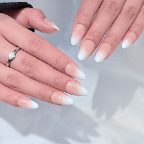 Almond Shape Short Length Pastel Pink to White Ombre Press On Nails | Reusable False Nails