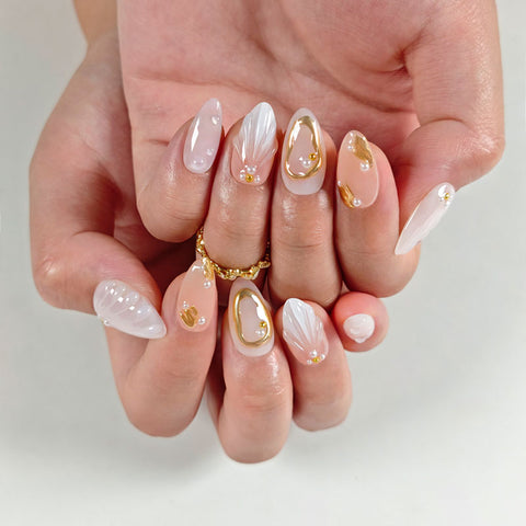 Almond Shape Short Length White & Pastel Pink Press On Nails | Gold Foil, Pearl Accents & 3D Textured Details Reusable Luxury Elegant False Nails