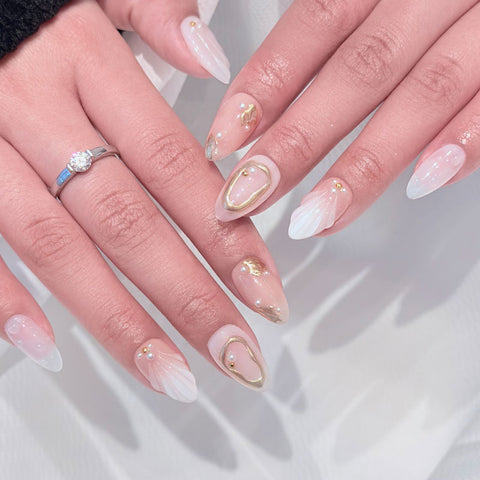 Almond Shape Short Length White & Pastel Pink Press On Nails | Gold Foil, Pearl Accents & 3D Textured Details Reusable Luxury Elegant False Nails