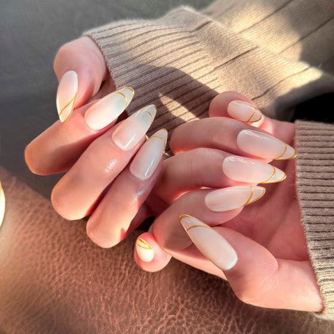 Almond Shape Medium Length Bright White Press On Nails | Double Gold Striped Tip Accents Reusable Minimalist Luxury Elegant False Nails