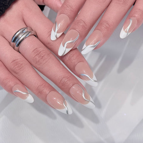 Almond Shape Medium Length White French Tip Press On Nails | Silver Curved Accents Reusable False Nails