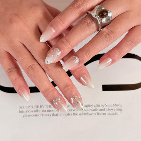 Almond Shape Short Length Light Pink Pearlescent Press On Nails | Rhinestone Accents Reusable False Nails