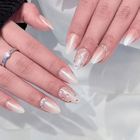 Almond Shape Short Length Light Pink Pearlescent Press On Nails | Rhinestone Accents Reusable False Nails