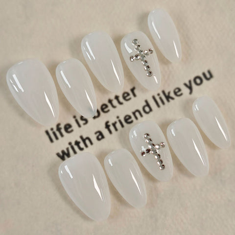 Almond Shape Short Length Bright White Press On Nails | Rhinestone Cross Accents Reusable Minimalist False Nails