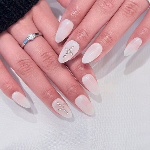 Almond Shape Short Length Bright White Press On Nails | Rhinestone Cross Accents Reusable Minimalist False Nails