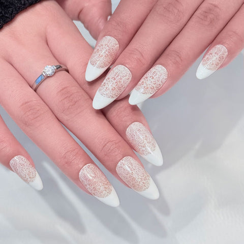 Almond Shape Medium Length White French Tip Press On Nails | Lace Pattern Reusable Vintage Elegant False Nails