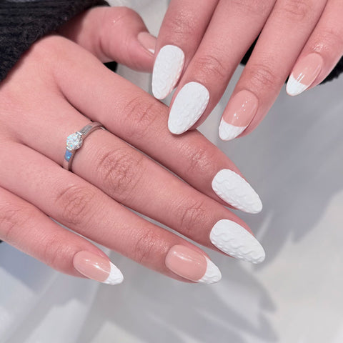 Almond Shape Short Length Nude & White French Tip Press On Nails | 3D Textured Details Reusable False Nails