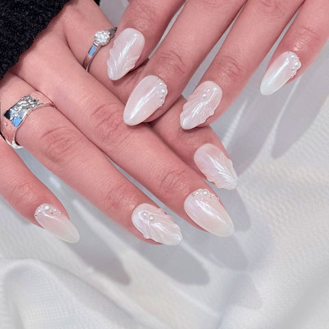 Almond Shape Short Length White Press On Nails | 3D Texture & Pearl Accents Reusable False Nails