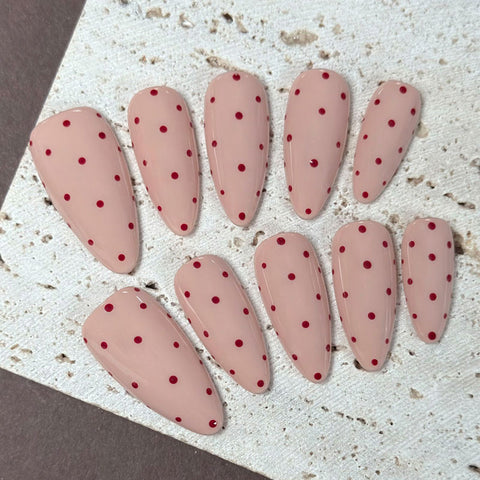 Almond Shape Medium Length Nude Pink Press On Nails | Polka Dot Reusable Retro Cute False Nails