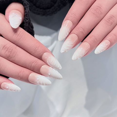 Almond Shape Medium Length White Gradient Feather 3D Press On Nails | Reusable & Easy Application