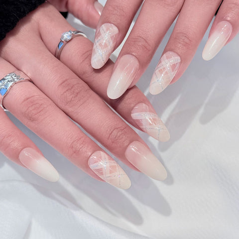 Almond Shape Medium Length Nude Pink Press On Nails | Silver Glitter Plaid Pattern Reusable False Nails