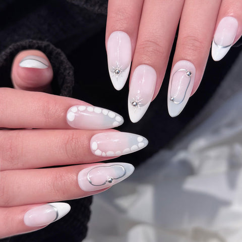 Almond Shape Medium Length White Sheer Press On Nails | Silver Accent Reusable Minimalist False Nails