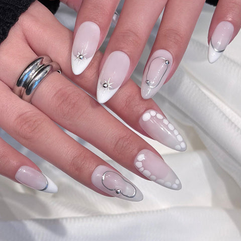 Almond Shape Medium Length White Sheer Press On Nails | Silver Accent Reusable Minimalist False Nails