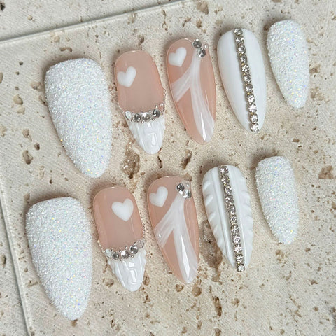 Almond Shape Medium Length Pastel Pink & White Press On Nails | White Crushed Diamond & 3D Textured Details Reusable False Nails