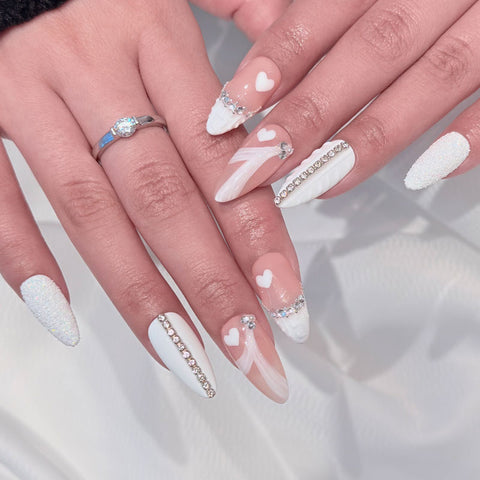 Almond Shape Medium Length Pastel Pink & White Press On Nails | White Crushed Diamond & 3D Textured Details Reusable False Nails