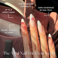 Glossy long almond nails | nude + white tips + hand-painted red lips | flirty romantic vibe