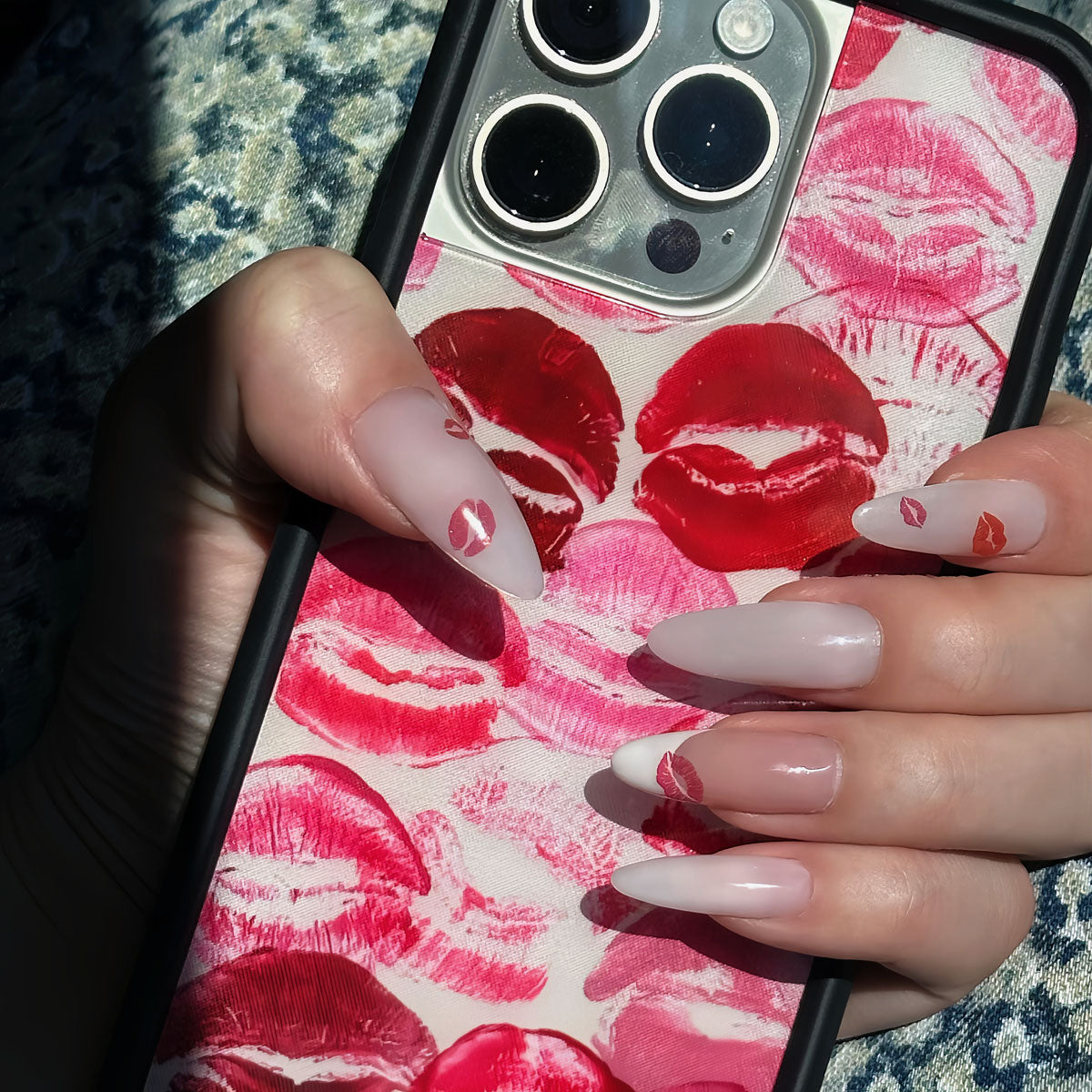 Glossy long almond nails | nude + white tips + hand-painted red lips | flirty romantic vibe