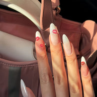 Glossy long almond nails | nude + white tips + hand-painted red lips | flirty romantic vibe