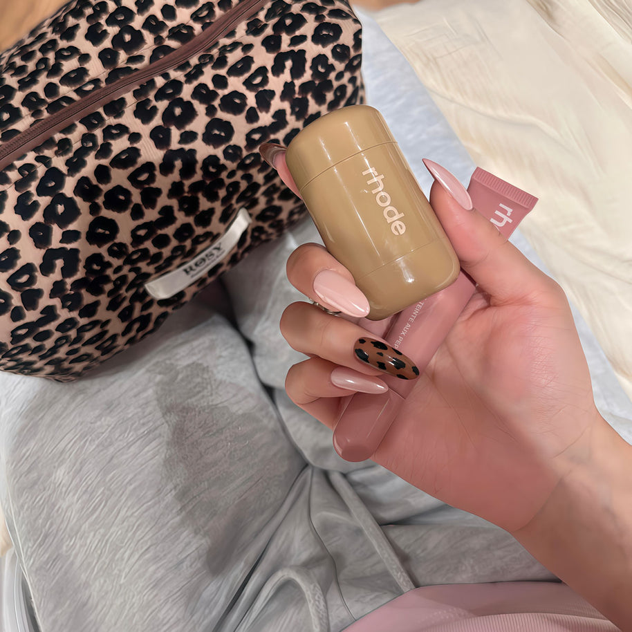 Artisan almond press-ons, blush pink with hand-painted leopard print, wearable art