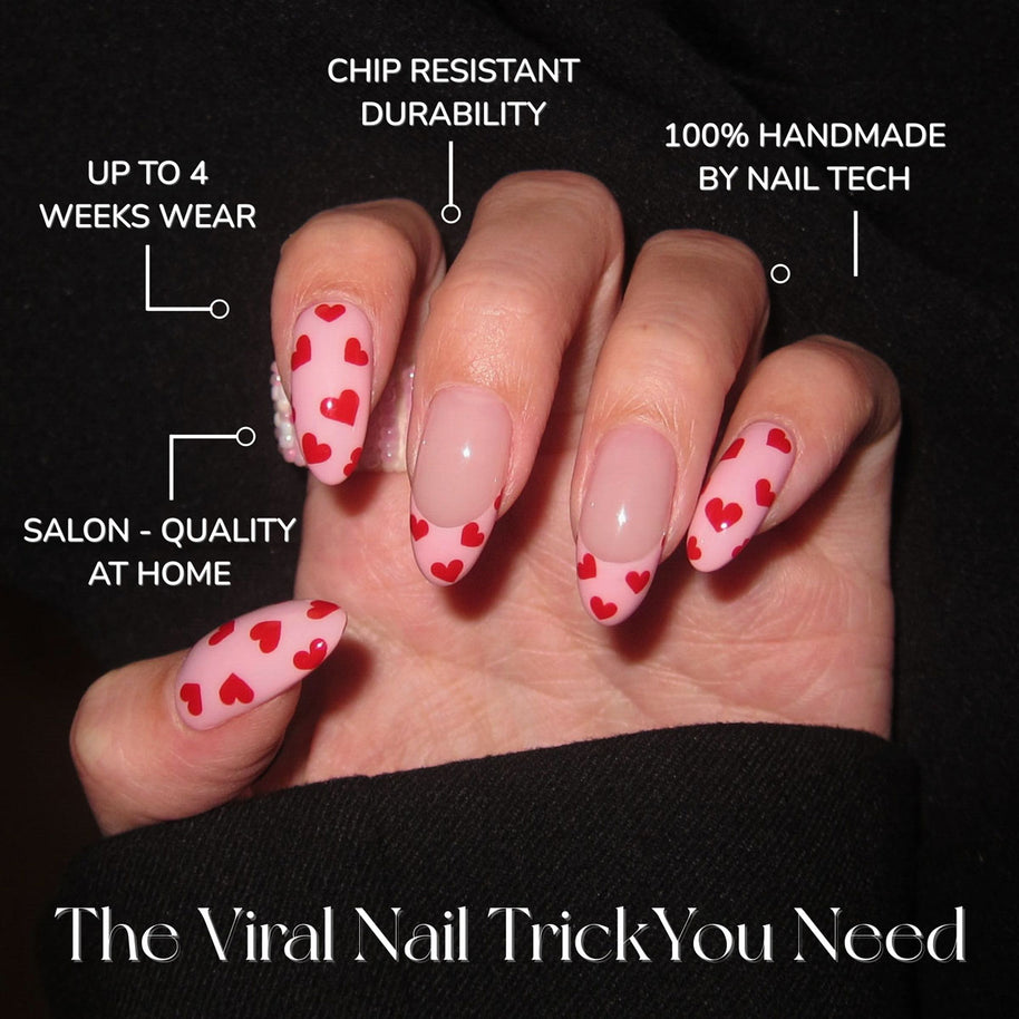 Glossy medium almond nails | baby pink + red hearts | sweet & flirty