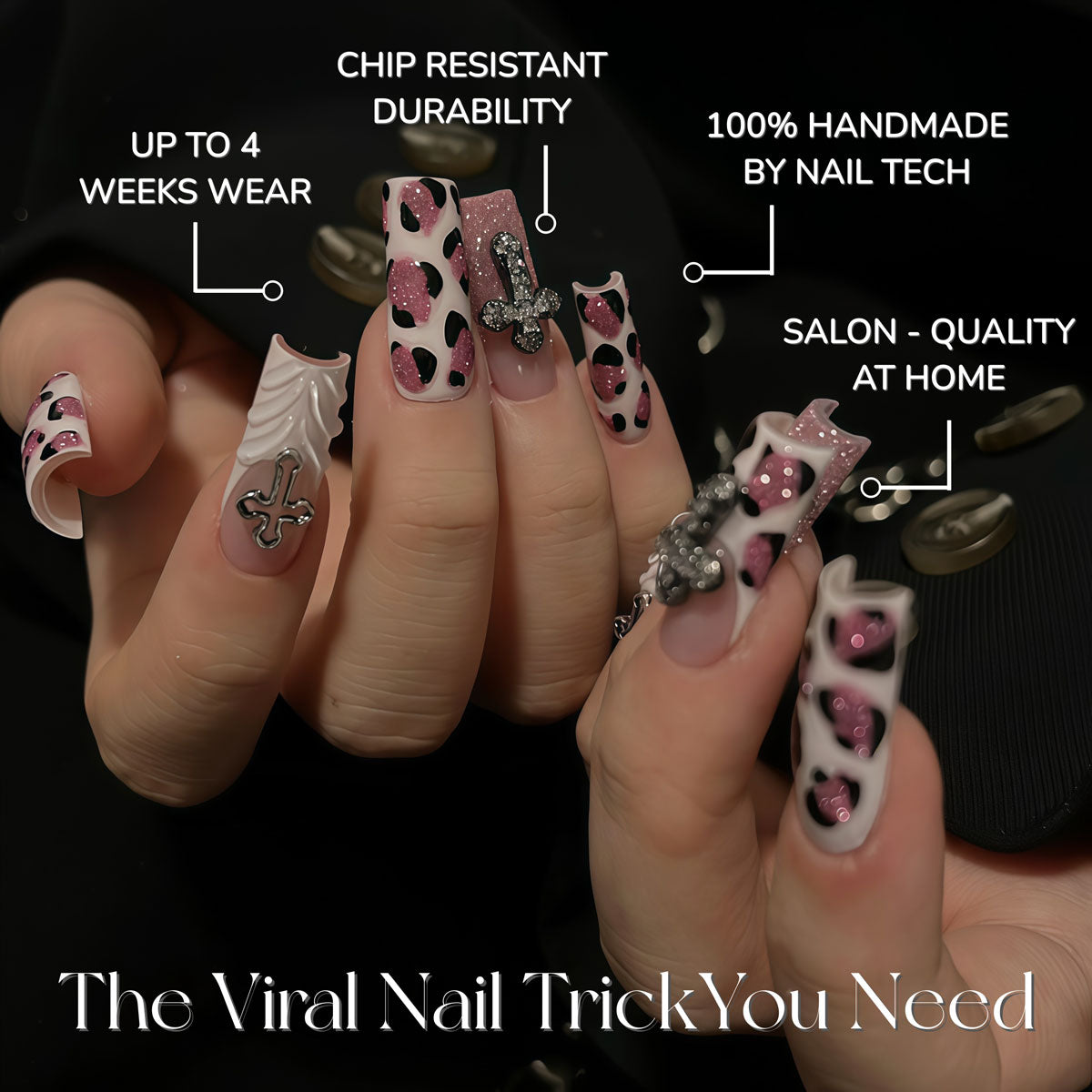 Medium square pink leopard print press-on nails with glitter, chrome cross and heart charms, punk Y2K style