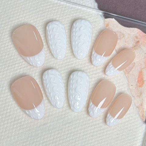 Almond Shape Short Length Nude & White French Tip Press On Nails | 3D Textured Details Reusable False Nails