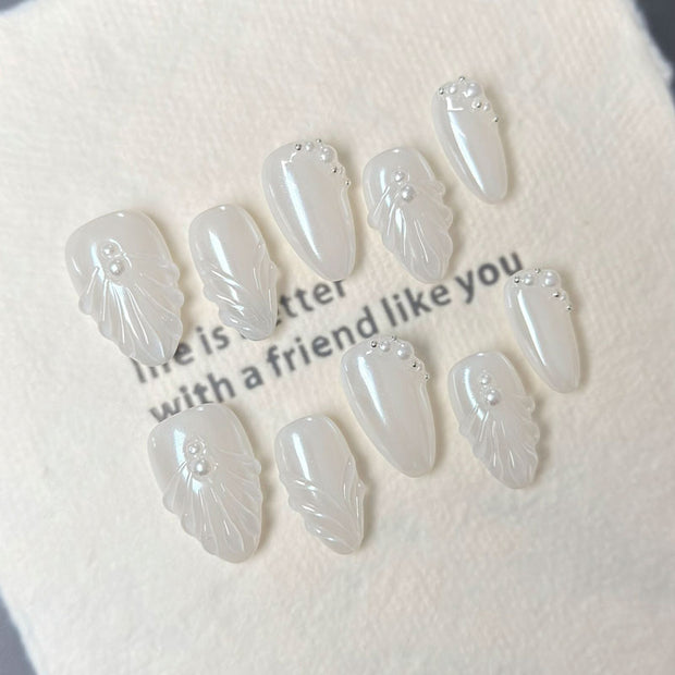 Almond Shape Short Length White Press On Nails | 3D Texture & Pearl Accents Reusable False Nails