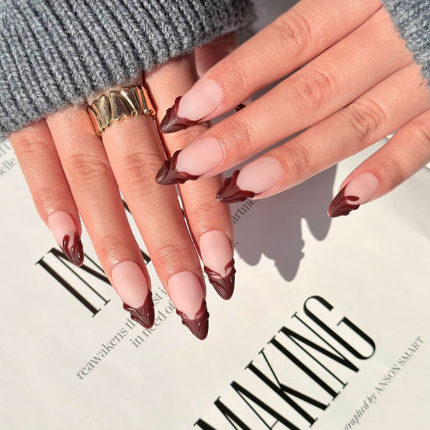 Almond Shape Medium Length Nude Pink Matte Press On Nails | Burgundy French Tip & 3D Texture Reusable Elegant False Nails