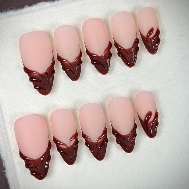 Almond Shape Medium Length Nude Pink Matte Press On Nails | Burgundy French Tip & 3D Texture Reusable Elegant False Nails