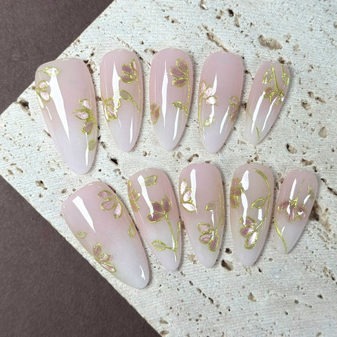 Almond Shape Medium Length Nude Pink Gradient Press On Nails | Gold Line & Pink Floral Accent Reusable Elegant False Nails