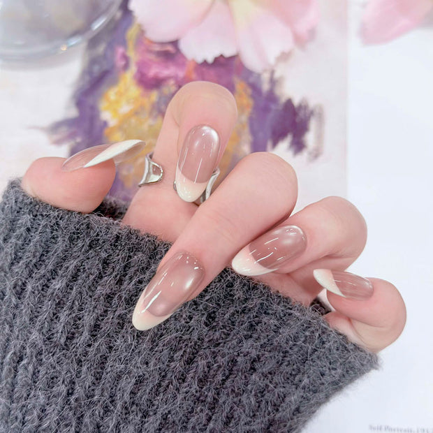 Almond Shape Medium Length Pink Gradient Cat Eye Press On Nails | White French Tip Reusable Sweet Elegant False Nails