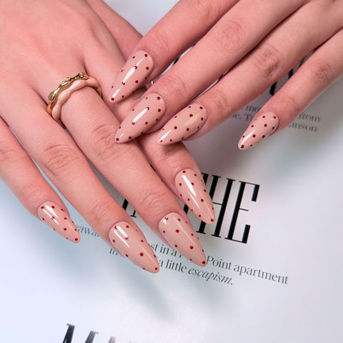 Almond Shape Medium Length Nude Pink Press On Nails | Polka Dot Reusable Retro Cute False Nails