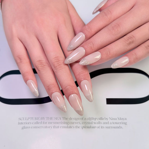 Almond Shape Short Length Nude Pink Press On Nails | Glitter French Tip Reusable False Nails