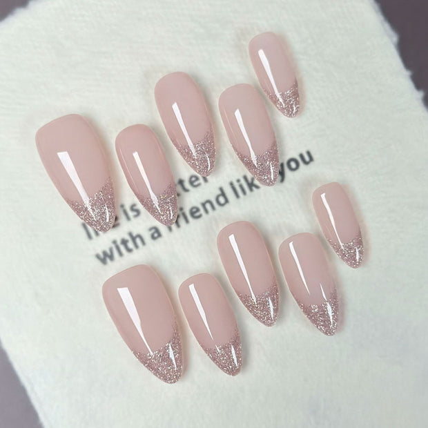 Almond Shape Short Length Nude Pink Press On Nails | Glitter French Tip Reusable False Nails
