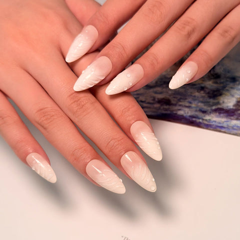 Almond Shape Medium Length White Gradient Feather 3D Press On Nails | Reusable & Easy Application