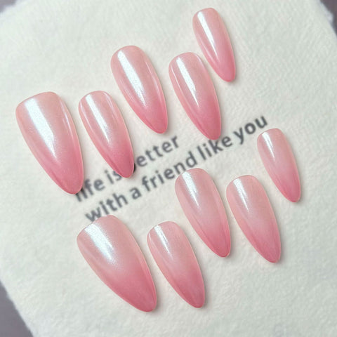 Almond Shape Medium Length Pastel Pink Gradient Press On Nails | Reusable Soft Elegant False Nails
