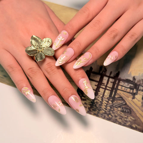 Almond Shape Medium Length Nude Pink Gradient Press On Nails | Gold Line & Pink Floral Accent Reusable Elegant False Nails