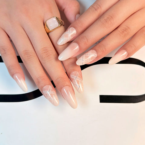 Almond Shape Medium Length Nude Pink Press On Nails | Silver Glitter Plaid Pattern Reusable False Nails