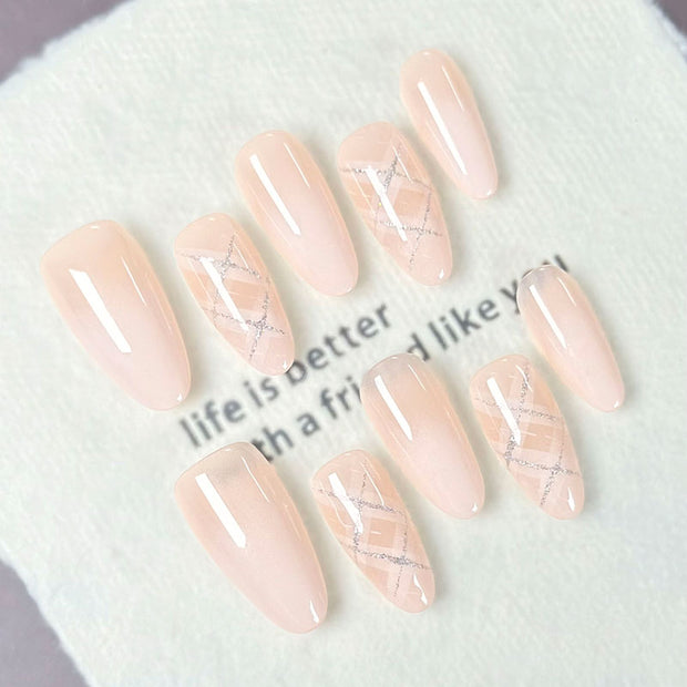 Almond Shape Medium Length Nude Pink Press On Nails | Silver Glitter Plaid Pattern Reusable False Nails