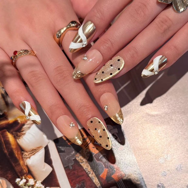 Almond Shape Medium Length Nude Pink-Gold Press On Nails | White Ribbon/Polka Dot/Diamond Accent Reusable Luxury False Nails