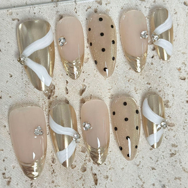 Almond Shape Medium Length Nude Pink-Gold Press On Nails | White Ribbon/Polka Dot/Diamond Accent Reusable Luxury False Nails