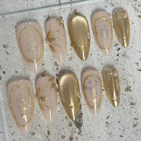 Almond Shape Medium Length Nude Pink Press On Nails | Gold Gilding & Pearl Accent Reusable Luxury False Nails