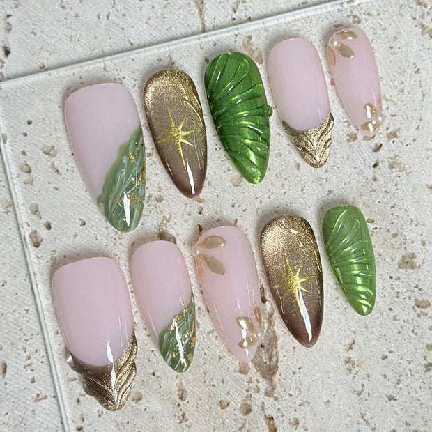 Almond Shape Medium Length Pink-Green Press On Nails | Gold Star/Leaf & 3D Texture Reusable False Nails