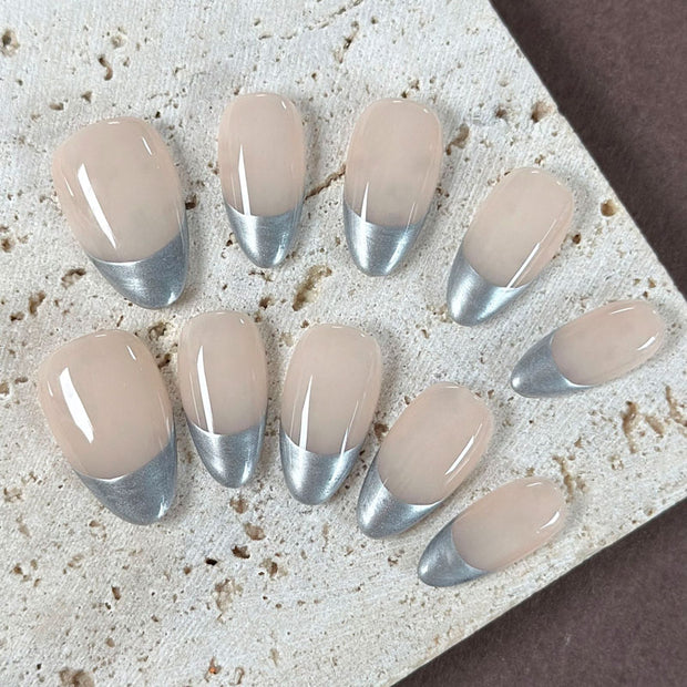 Almond Shape Short Length Nude Pink Press On Nails | Silver French Tip Reusable Chic False Nails