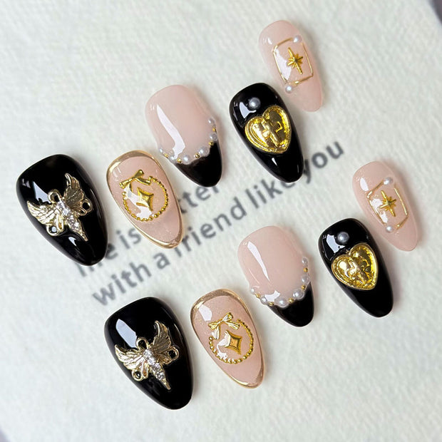 Almond Shape Short Length Black-Pink Press On Nails | Gold 3D Accent & Pearl Decor Reusable Y2K False Nails