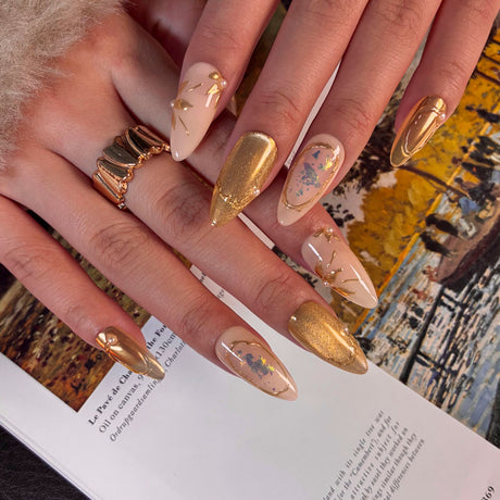 Almond Shape Medium Length Nude Pink Press On Nails | Gold Gilding & Pearl Accent Reusable Luxury False Nails