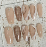 Coffin Shape Medium Length Nude Beige Press On Nails | Gold Glitter & White-Gold Marble Reusable False Nails